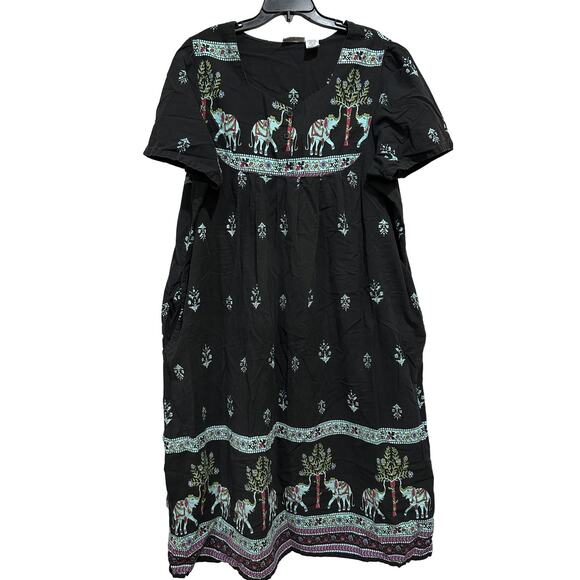 Loungees Dress Womens 2X Black Cotton Elephant Print Short Sleeve Boho Tunic - Picture 1 of 5